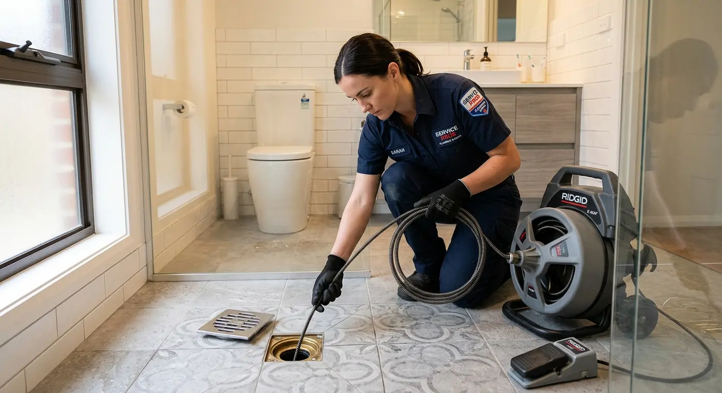 Technician clearing a bathroom floor drain for Drain Repair in Urbandale